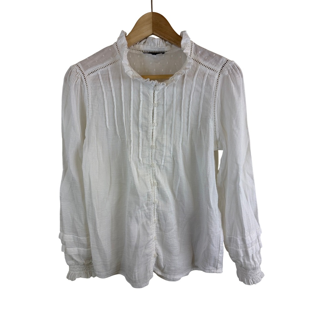 Quince Organic Textured Cotton Peasant Blouse Women Small White Ruffle Eyelet